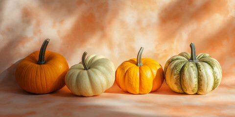 small and medium-sized pumpkins with smooth and slightly rough textures against an isolated opalescent effect background