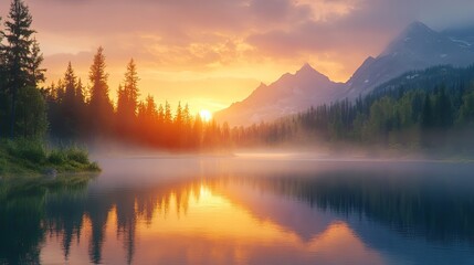 A serene lake reflects the golden sunset. Perfect for travel, nature, and peace-themed projects.