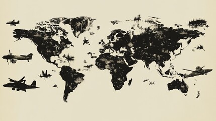 World Map with Aircraft Silhouettes