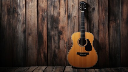 Acoustic Guitar Against Wooden Background