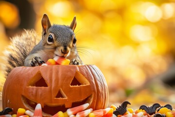 A cute squirrel munches on candy corn in a carved pumpkin against a bright, festive autumn background.