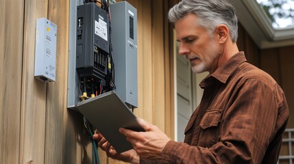 Homeowner checking electrical panel for maintenance outside house in the afternoon sunlight