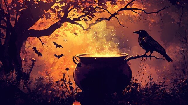 Mystic Witch's Brew - Silhouette of Enchanting Cauldron with Bubbling Potions and Crow in Dark Atmosphere | Spellbinding Halloween Concept Art