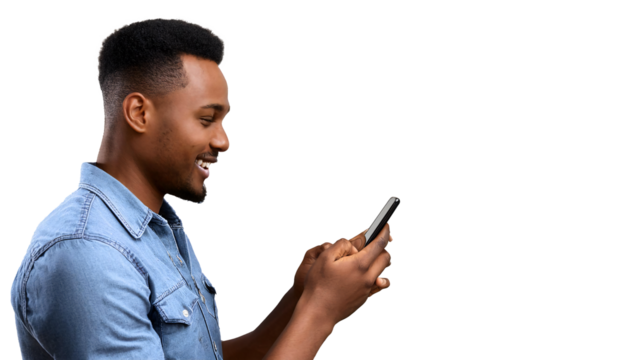 Handsome, smiling young black African-American man viewed from the side looking at his phone portrait, isolated on transparent background DEI DEIB