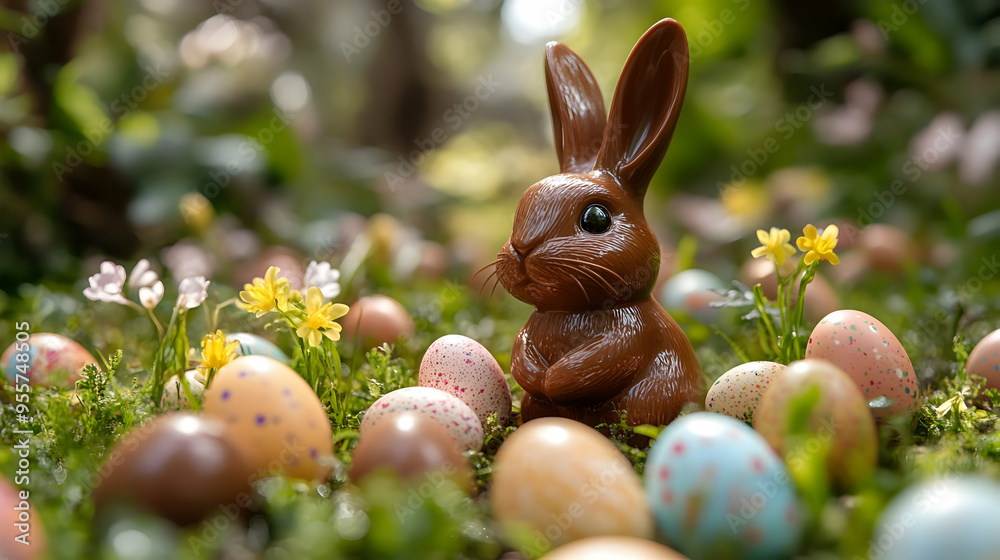 Wall mural chocolate bunny surrounded by colorful easter eggs and flowers.