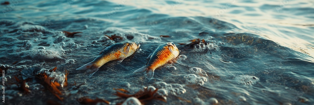 Aufkleber dead fish lie on the shore alongside floating plastic, illustrating the impact of pollution on the c