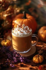 A cozy pumpkin spice latte topped with whipped cream and cinnamon, set amidst fall pumpkins and purple flowers.