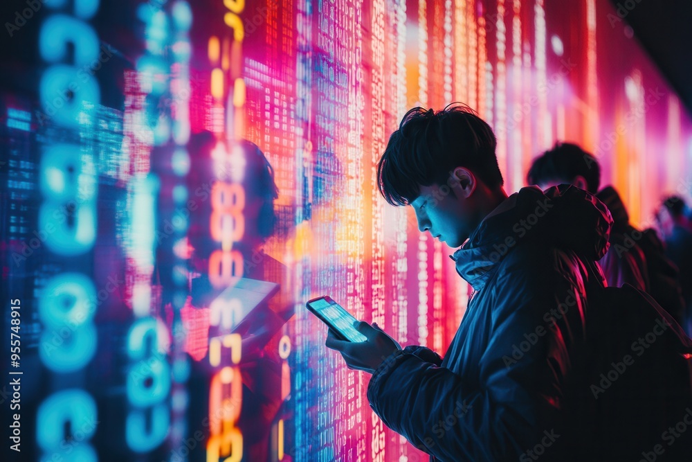Aufkleber individuals with bowed heads focus on smartphone screens, surrounded by colorful digital numbers, co