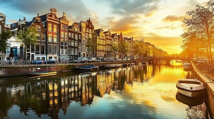 Obraz premium Sunset Over Amsterdam Canals
