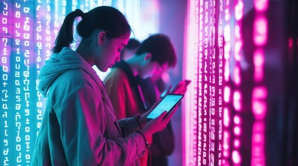 People are focused on their smartphones, heads bowed, while vibrant digital numbers and codes create an atmosphere of virtual isolation. Generative AI