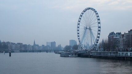 Obraz premium Evening Scene of a Ferris Wheel by the River