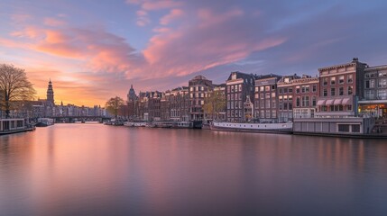Obraz premium Tranquil Sunset over Amsterdam Canals