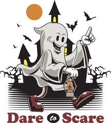 halloween character walking ghost in horror castle for badge and label sticker, banner, patch, greeting card, t-shirt and invitation in a cartoon retro groove style vector illustration