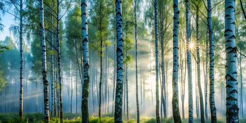 Dramatic backlighting illuminates the misty atmosphere surrounding tall, slender birch trees with blue-green foliage, shot from a low angle, early morning, a realistic photo image.