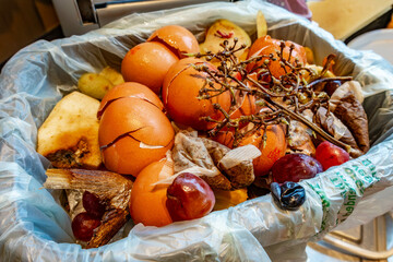 Food waste in a kitchen food waste caddy, full and ready to empty into the curbside caddy for...