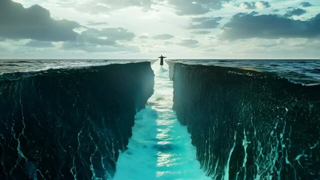 Сomposite of the ocean opening up to form a canal. Animation of Moses separate the sea in exodus. Israelites crossing the red sea. Biblical and religion concept. Happy Passover, Pesah