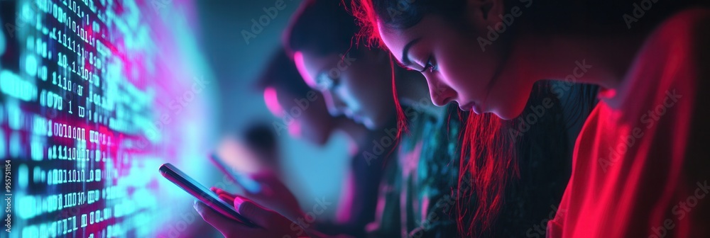 Aufkleber people are focused on their smartphones amidst a backdrop of digital numbers and codes, reflecting i