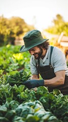 Smiling Farmer Harvesting Fresh Greens