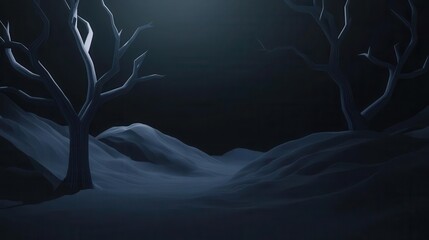 Creepy chilling whispers in a black void, flat design, side view, haunted landscape theme, 3D render, colored pastel