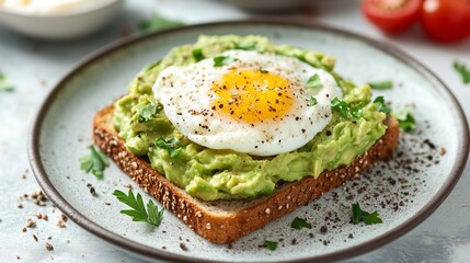 A close-up of a fried egg on avocado toast garnished with fresh parsley, perfect for a healthy breakfast idea.