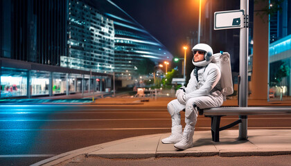 Astronaut sitting at a bus stop waiting for the bus in a big city.