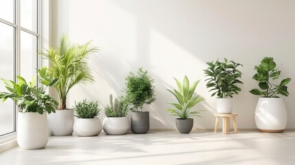 Obraz premium 31080800 61 Plant-filled Living Room: Bright living room with white walls wooden floors and a variety of indoor plants in stylish vases. --ar 16:9 --v 6.1 Job ID: 6780b3c4-a89a-4fad-a155-260566575c9b