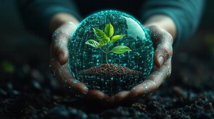 Global hands planting seeds in a digital Earth, representing sustainable unity, front view, promoting environmental growth, cybernetic tone, Analogous Color Scheme