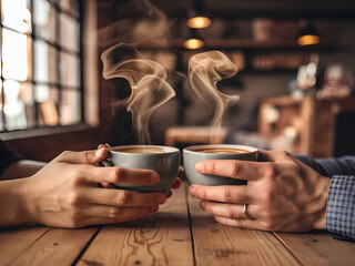 Manos de una pareja, cada una sosteniendo una taza de café humeante

