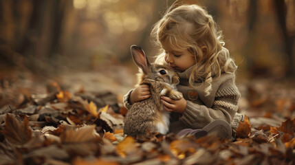 Obraz premium A heartwarming image of childhood friendship, Girl and rabbit.