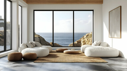 Cozy living space with ocean view and natural light.
