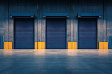 Fototapeta premium Industrial warehouse interior featuring three large dark blue roller doors and polished concrete floor, perfect for storage or logistics.