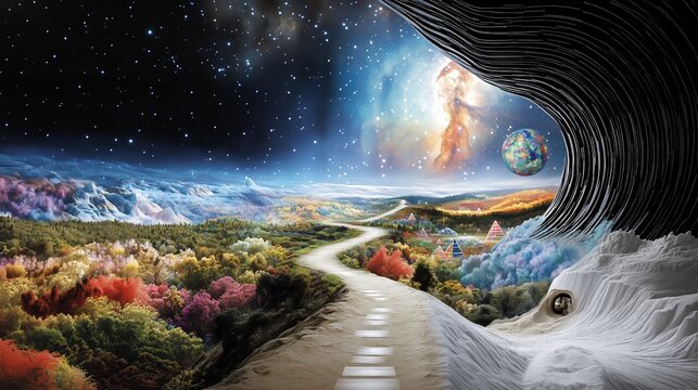 Surreal pathway leads through vibrant fantasy landscapes towards an ethereal cosmos with planets and starry skies.