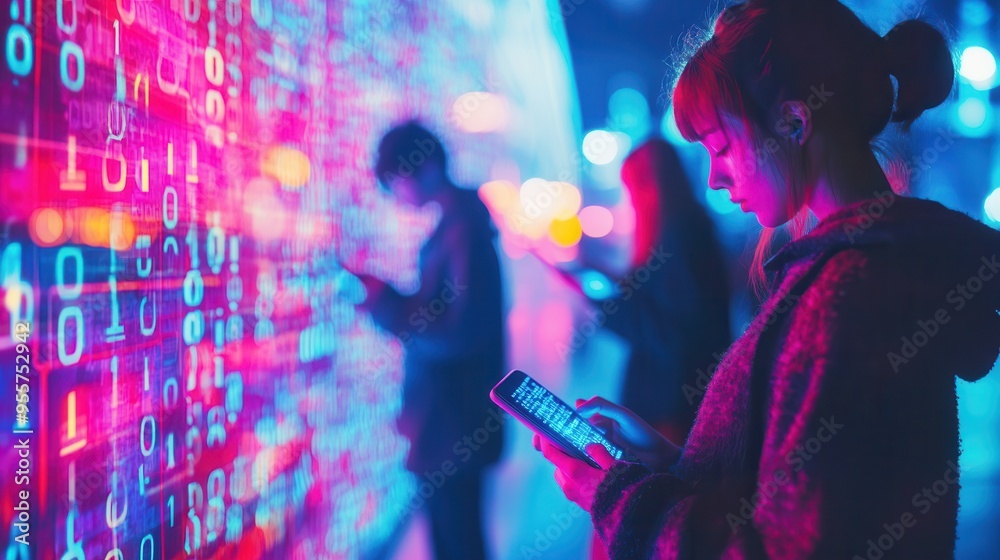 Poster Individuals are focused on their smartphones, surrounded by vibrant digital codes, conveying a feeling of isolation in a virtual environment. Generative AI