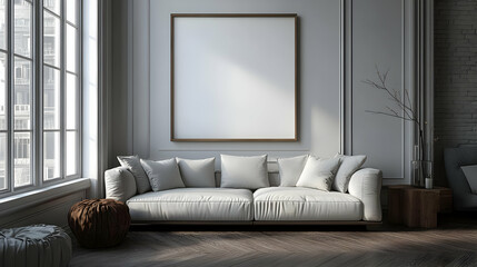 Cozy modern living room with a large blank canvas on the wall.