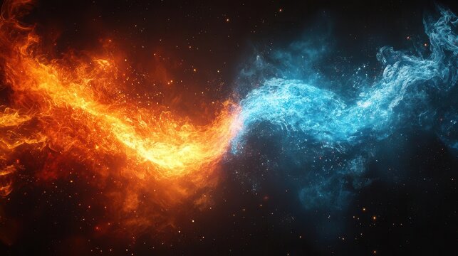 abstract fire and ice collision swirling tendrils of red and blue energy clash dramatically against a black void powerful visual metaphor for conflict and duality