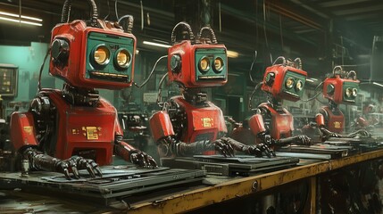 Robotic assembly line workers diligently engaged in manufacturing tasks within a modern factory setting during daytime