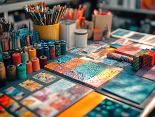 Fototapeta premium Brand identity workshop with logo designs and mood boards, creative style, close-up, high detail, vibrant colors