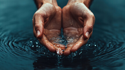 Fototapeta premium A pair of hands gently cupping water, creating ripples and showcasing the beauty of nature and tranquility.