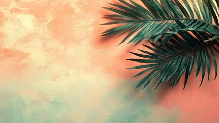 Fototapeta premium Palm Leaf Branch on a Peach and Green Textured Background