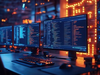 Computer programming with code displayed on multiple monitors, tech-savvy style, sharp focus, high detail
