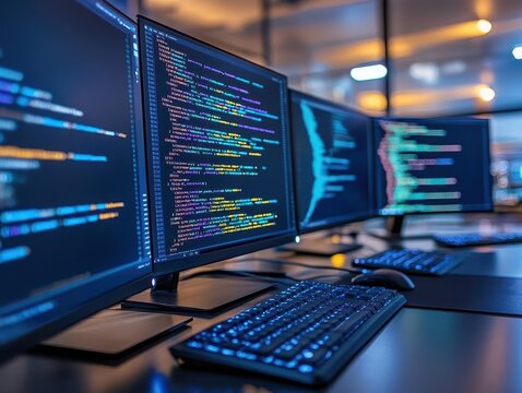 Computer programming with code displayed on multiple monitors, tech-savvy style, sharp focus, high detail
