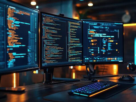 Computer programming with code displayed on multiple monitors, tech-savvy style, sharp focus, high detail