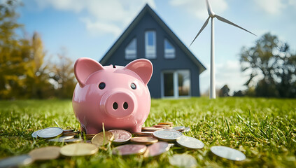 Pink piggy bank symbolizing savings near energy-efficient home setup