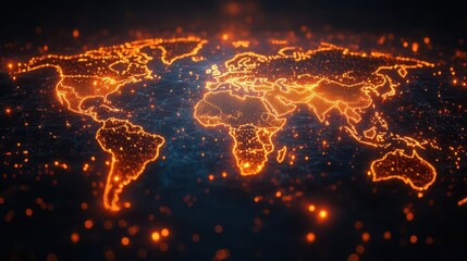 abstract visualization of global data network glowing lines connect points on translucent world map conveying concept of international connectivity and information flow in digital age