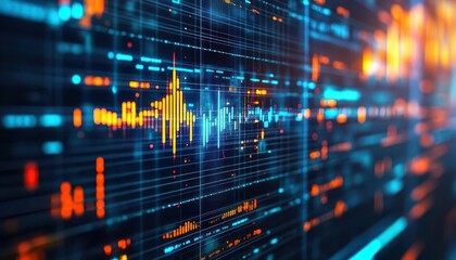 Data analysis with big data on a screen, tech-savvy style, close-up, high detail, bright lighting