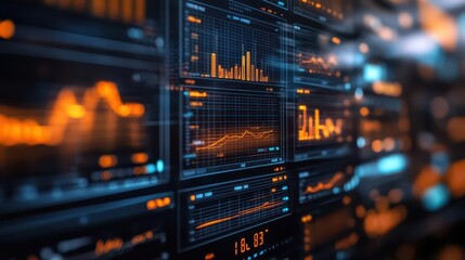 Data analytics with graphs and charts on multiple screens, analytical style, sharp focus, high detail, bright lighting