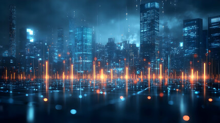 Fototapeta premium Futuristic cityscape with glowing soundwave visualizations.