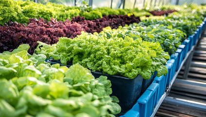 Lush greenery in blue containers thriving in a sunny greenhouse