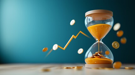 Hourglass with Gold Coins and Upward Trend Arrow on Blue Background