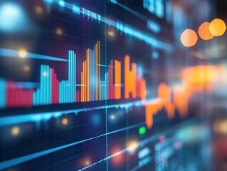 Economic growth represented by graphs and charts on a screen, optimistic style, sharp focus, bright lighting, high detail